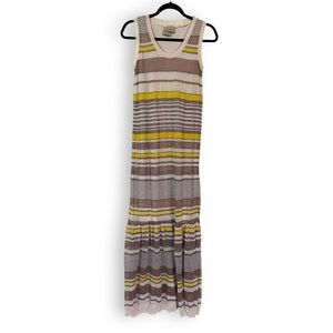 Vintage Y2K Beige Stripe Linen Viscose Blend Lightweight Knit Midi Dress w/ Slip
